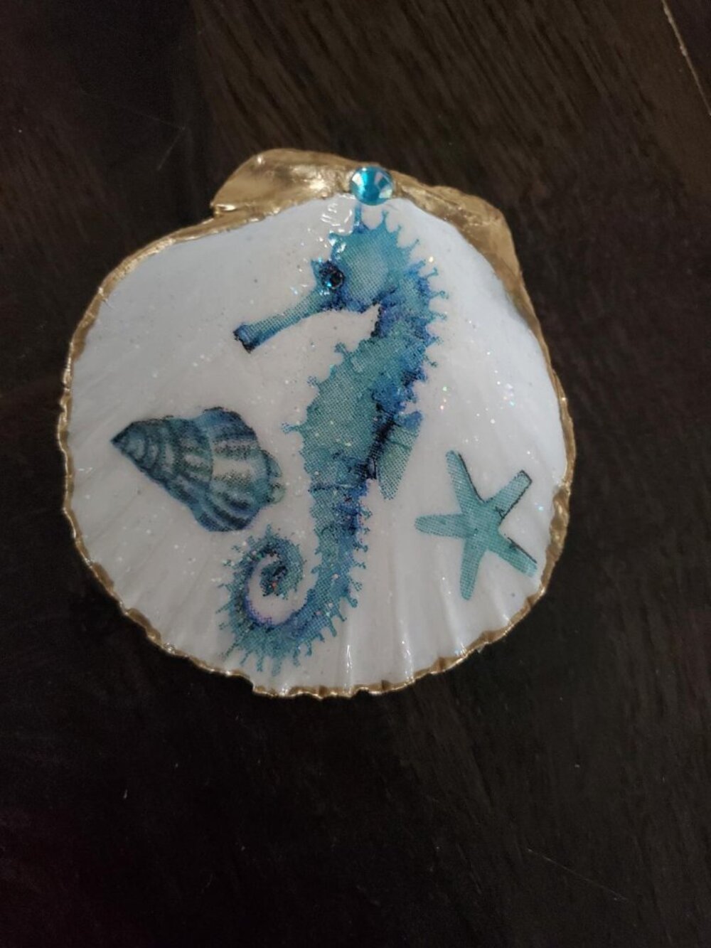 Decoupaged Seahorse Scallop Shell Gold Leaf Trim Trinket Dish Blue/White